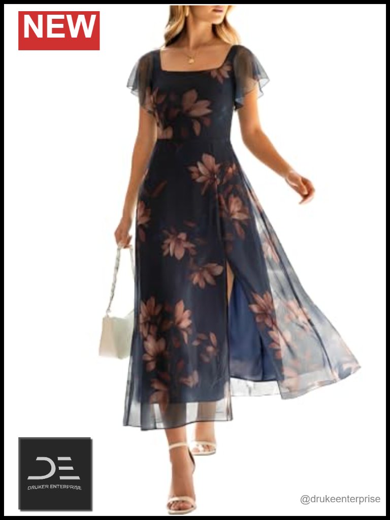 Women Square Neck Floral Tulle Wedding Guest Midi Dress With Ruffle Sleeve And